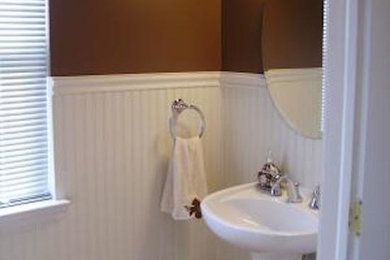 Mid-sized 3/4 white tile bathroom photo in Detroit with a pedestal sink