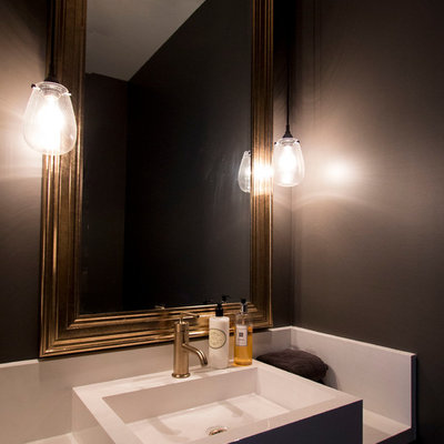 Bathroom - modern bathroom idea in Toronto with black walls and a vessel sink