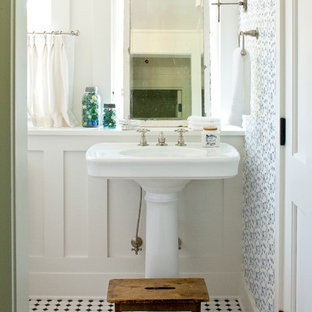 Example of a country multicolored floor bathroom design in Atlanta with a pedestal sink