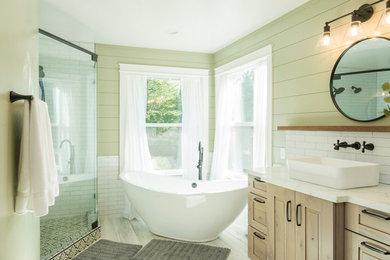Bathroom - mid-sized traditional bathroom idea in Other with dark wood cabinets, white walls, a vessel sink and wood countertops