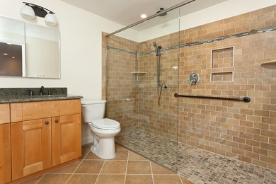 ボルチモアにあるトランジショナルスタイルのおしゃれな浴室 (落し込みパネル扉のキャビネット、バリアフリー、分離型トイレ、茶色いタイル、中間色木目調キャビネット) の写真