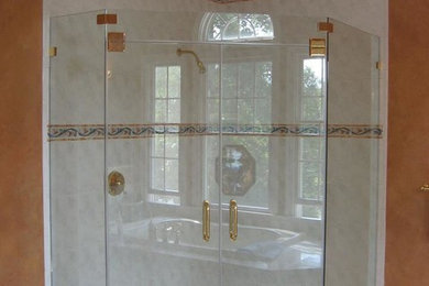 Design ideas for a large bathroom in Dallas with a corner shower, white tiles, orange walls and porcelain flooring.