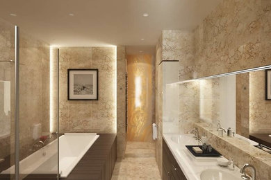 Bathroom - large transitional master beige tile beige floor bathroom idea in Phoenix with flat-panel cabinets, medium tone wood cabinets, beige walls, an integrated sink and a hinged shower door