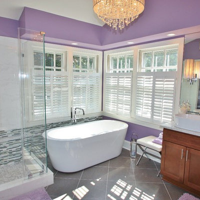 Inspiration for a contemporary freestanding bathtub remodel in DC Metro with a vessel sink and purple walls