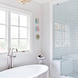 Freestanding bathtub - mid-sized contemporary master white tile and subway tile marble floor and white floor freestanding bathtub idea in Nashville with gray walls