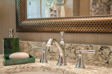 Small eclectic master gray tile and ceramic tile ceramic tile alcove shower photo in Richmond with an undermount sink, shaker cabinets, white cabinets, granite countertops and beige walls