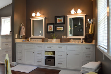 Large cottage master bathroom photo in Other with shaker cabinets, white cabinets and quartzite countertops