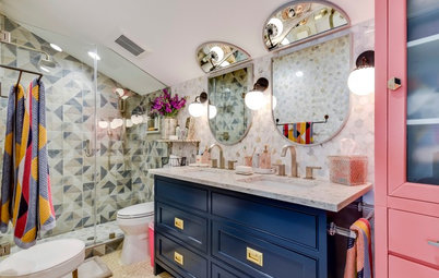 Beige Windowless Bathroom Gets a Fun, Colorful Makeover