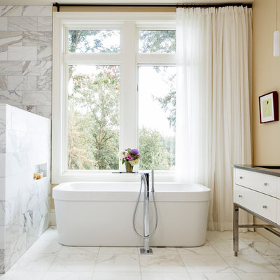 Large trendy master white tile and stone tile marble floor and gray floor bathroom photo in Portland with flat-panel cabinets, white cabinets, beige walls, an undermount sink and quartz countertops