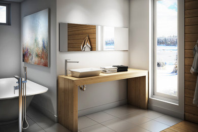 Идея дизайна: ванная комната в стиле модернизм с отдельно стоящей ванной и белыми стенами
