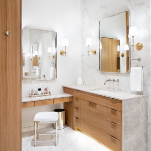Inspiration for a mid-sized contemporary master white tile and porcelain tile ceramic tile, white floor, single-sink, shiplap ceiling and shiplap wall bathroom remodel in Austin with flat-panel cabinets, white cabinets, a two-piece toilet, white walls, an undermount sink, solid surface countertops, a hinged shower door, white countertops and a built-in vanity