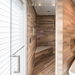 Inspiration for a large modern master brown tile and porcelain tile slate floor and gray floor bathroom remodel in Detroit with flat-panel cabinets, white cabinets, gray walls, an undermount sink, quartzite countertops and a hinged shower door