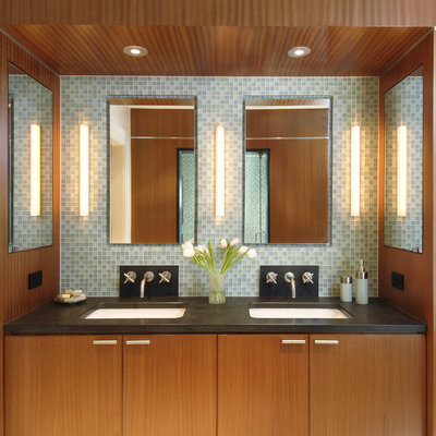 Large trendy master blue tile and glass tile bathroom photo in Boston with an undermount sink, flat-panel cabinets, medium tone wood cabinets, blue walls and a hinged shower door