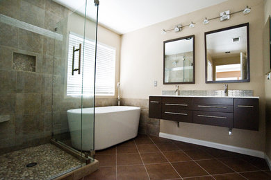 Inspiration for a large contemporary master ceramic tile bathroom remodel in San Diego with a one-piece toilet and beige walls