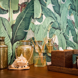 Bathroom - large tropical 3/4 medium tone wood floor bathroom idea in San Diego with a drop-in sink, furniture-like cabinets, medium tone wood cabinets, wood countertops, a one-piece toilet and green walls