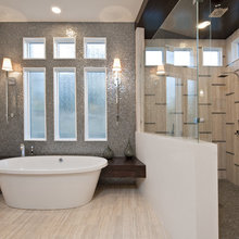 Shelf around tub, tile and tile design...