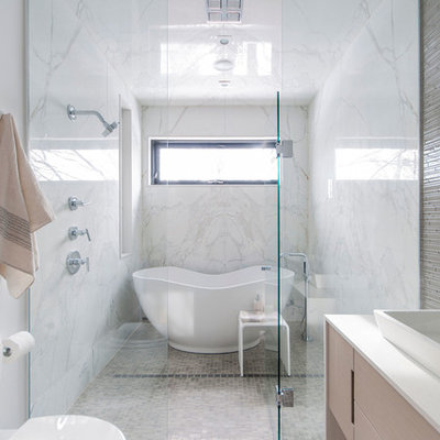 Trendy mosaic tile freestanding bathtub photo in Toronto