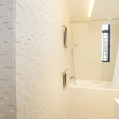 Trendy white tile and mosaic tile bathroom photo in Hong Kong
