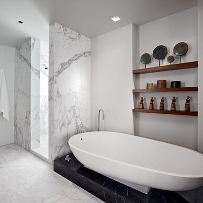 Bathroom - modern white tile and marble tile bathroom idea in San Francisco