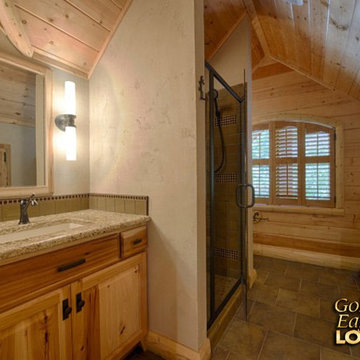 Rustic bathroom cathedral ceiling log trim knotty pine Lakehouse 4166AL