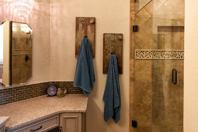 Mid-sized mountain style master brown tile and matchstick tile cork floor bathroom photo in Atlanta with recessed-panel cabinets, beige cabinets, quartz countertops, beige walls and an undermount sink