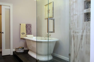 Traditional bathroom in Other with grey tiles, porcelain tiles and slate flooring.