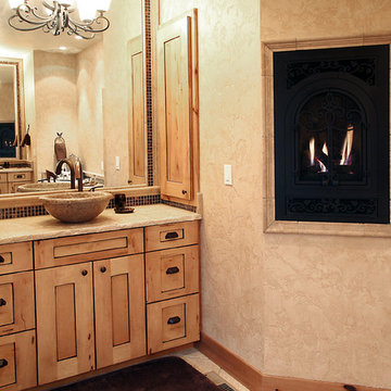 Rustic master bath fireplace