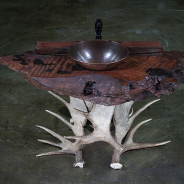 Rustic Redwood Vanity Top with Moose Antler Base and Copper Vessel Sink