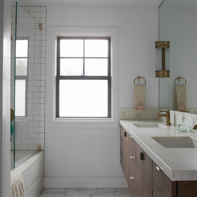 Bathroom - mid-sized transitional bathroom idea in San Francisco with flat-panel cabinets, medium tone wood cabinets, a one-piece toilet, white walls, an undermount sink and quartz countertops
