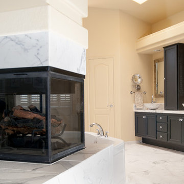 San Diego Master Bathroom Remodel with Fireplace and Black Vanity with Vessel Si