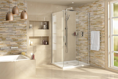 Ejemplo de cuarto de baño contemporáneo con bañera encastrada, ducha esquinera y suelo de baldosas de cerámica
