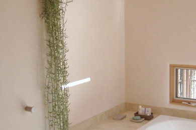 アルバカーキにある高級な中くらいなエクレクティックスタイルのおしゃれなマスターバスルーム (ドロップイン型浴槽、アルコーブ型シャワー、ベージュのタイル、石タイル、ベージュの壁、大理石の床、大理石の洗面台) の写真