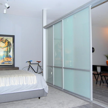 Satin Aluminum Room Dividers in white laminate glass with Aluminum Beam System