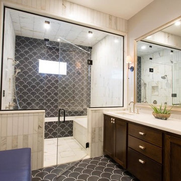 scallops and "wonderful copenhagen" in master bath and powder room in LA home