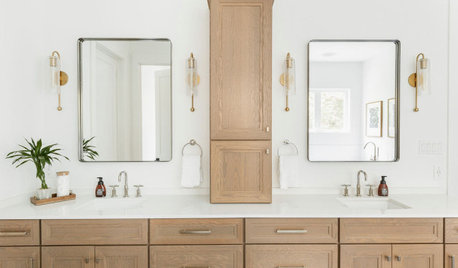 10 Bathrooms With White-and-Wood Double Vanities