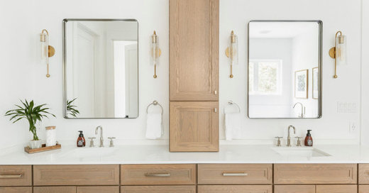 10 Bathrooms With White-and-Wood Double Vanities
