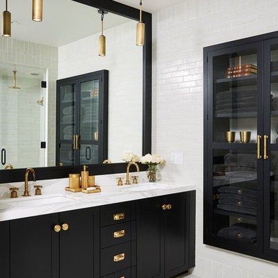 Large transitional white tile gray floor sauna photo in Minneapolis with shaker cabinets, black cabinets, white walls, an undermount sink and white countertops
