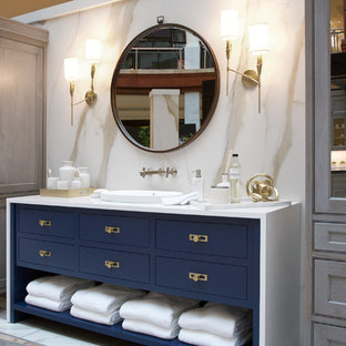 Inspiration for a mid-sized contemporary master multicolored tile and porcelain tile bathroom remodel in Atlanta with furniture-like cabinets, blue cabinets, a drop-in sink, quartzite countertops and white countertops