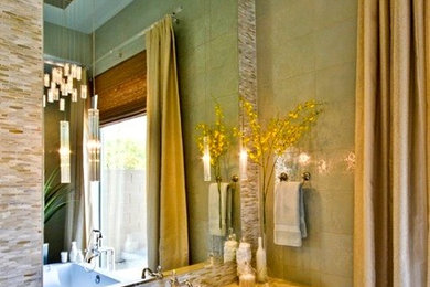 Example of a trendy beige tile, brown tile and matchstick tile bathroom design in Phoenix with beige walls, an integrated sink and concrete countertops