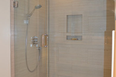 Alcove shower - modern 3/4 ceramic tile and gray tile ceramic tile alcove shower idea in Seattle with marble countertops, an undermount sink, furniture-like cabinets and white cabinets
