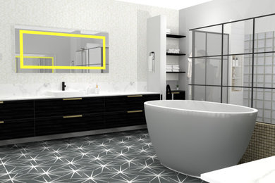 Inspiration for a mid-sized 1950s master porcelain tile, black floor, single-sink, vaulted ceiling and wallpaper bathroom remodel in San Diego with flat-panel cabinets, gray cabinets, a bidet, gray walls, a vessel sink, marble countertops, a hinged shower door, white countertops and a floating vanity