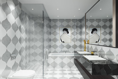 Bathroom - large modern master white tile and marble tile marble floor and white floor bathroom idea in New York with flat-panel cabinets, dark wood cabinets, a wall-mount toilet, white walls, a drop-in sink, marble countertops and a hinged shower door
