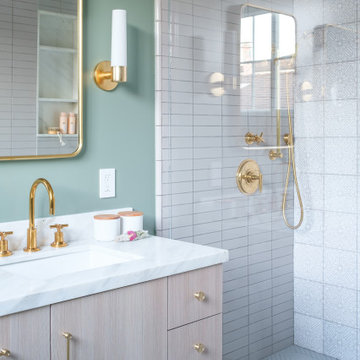 Serene White Bathroom Tiles with Golden Accents