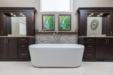 Bathroom - large transitional master gray tile and porcelain tile porcelain tile bathroom idea in Detroit with flat-panel cabinets, brown cabinets, a two-piece toilet, brown walls, an undermount sink and quartz countertops