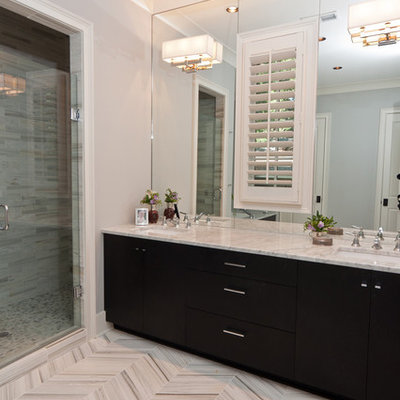 Transitional gray tile alcove shower photo in Other with an undermount sink, flat-panel cabinets and black cabinets