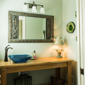 Shaker style open vanity with vessel bowl