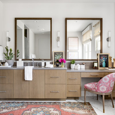 Example of a mid-sized transitional master marble floor and white floor bathroom design in Orange County with flat-panel cabinets, medium tone wood cabinets, gray walls, an undermount sink, quartz countertops and gray countertops