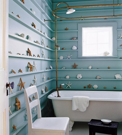 Tropical Bathroom shells on bathroom shelves