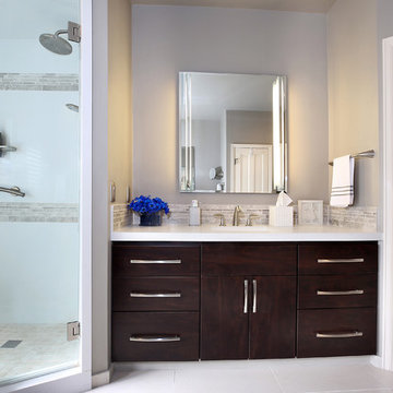 Shower and vanity - light colors and dark cabinets