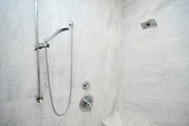 Inspiration for a mid-sized contemporary master double shower remodel in New York